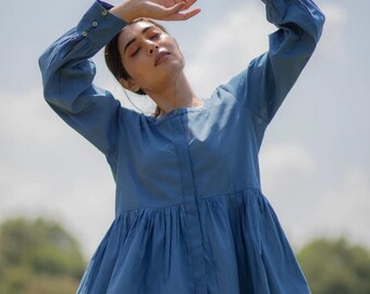Blue Full Sleeves Flared Top Handmade In Naturally Dyed Organic Cotton