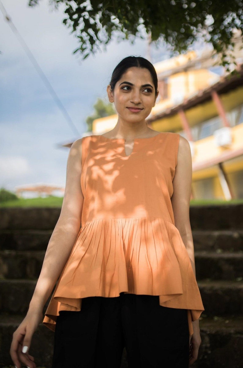 Orange Pleated Top Handmade In Naturally Dyed Organic Cotton image 1