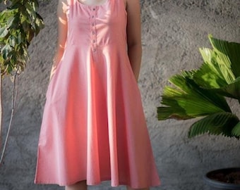 Pink Sleeveless Skater Dress, Round Neckline With Fit And Flair Style