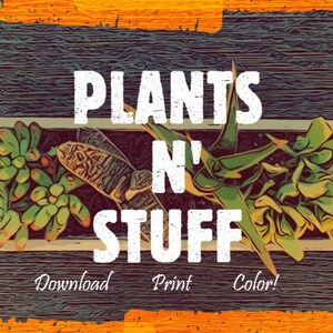May include: A white rectangular planter with green succulents and the text "PLANTS N' STUFF" in white on a black background. The text "Download Print Color!" is below the planter.