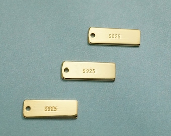 Etiquetas rectangulares para joyería en oro vermeil, disco grabado a láser con logotipo personalizado, dije para collar de plata esterlina chapada en oro de 18 quilates (100 unidades)