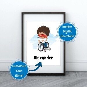 EDITABLE Superhero Boy in Wheelchair Digital Download Printable Customizable Wall Art Kids Play Room Bonus Room Decor Tan Brown Hair Flash