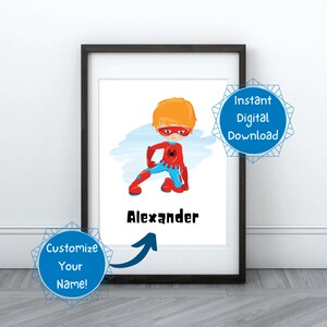 EDITABLE Superhero Boy Digital Download Printable Customizable Wall Art Kids Room Play Room Bonus Room Decor Fair Red Hair Spiderman