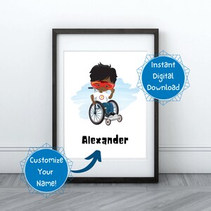 EDITABLE Superhero Boy in Wheelchair Digital Download Printable Customizable Wall Art Kids Play Room Bonus Room Decor Brown Brown Hair Flash