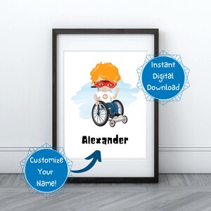 EDITABLE Superhero Boy in Wheelchair Digital Download Printable Customizable Wall Art Kids Play Room Bonus Room Decor Fair Red Hair Flash