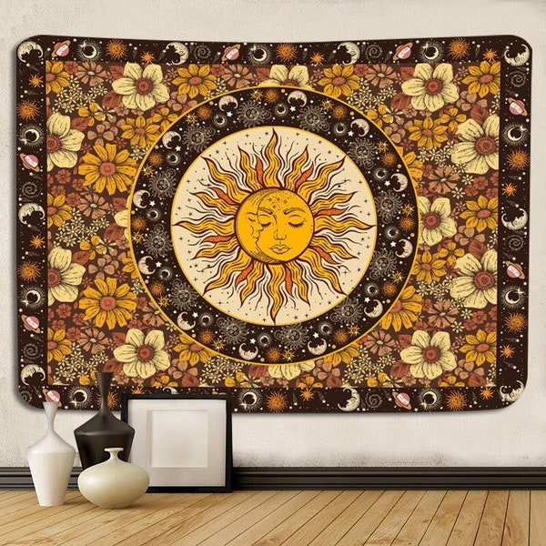 Floral Sun Wall Hanging Tapestry Aesthetic, Sun and Moon Tapestry Wall Art Decoration, Printed Wall Curtain, Best Home Decoration Gift