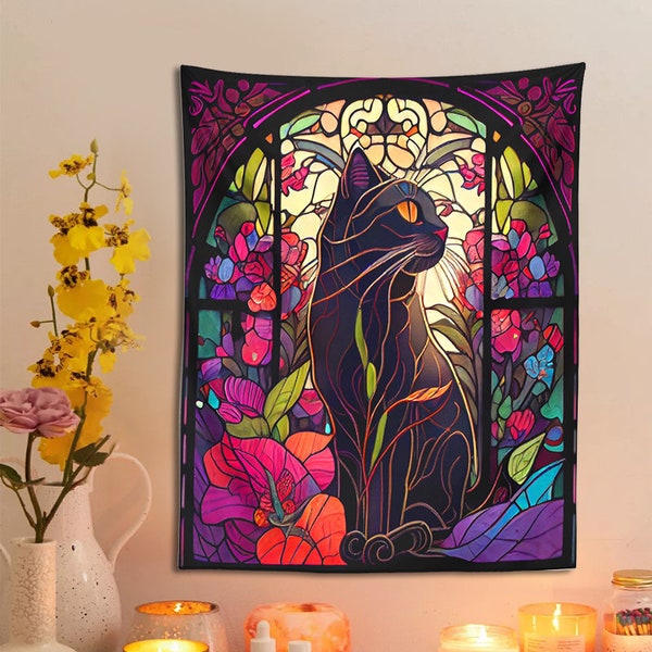 Stained Glass Cat Wall Hanging Tapestry Aesthetic, Mystic Floral Black Cat Modern Wall Art, Best Home Decoration Gift