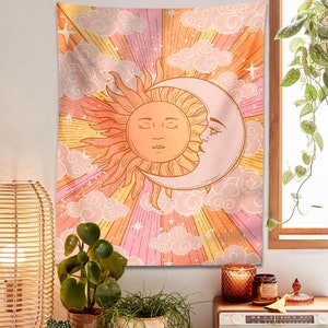 Vintage Sun and Moon Tapestry, Retro Moon and Blonde, Psychedelic Rainbow Home Decor, Candy Colored Wall Art, Cloudy Cartoon Sky, Best Gift