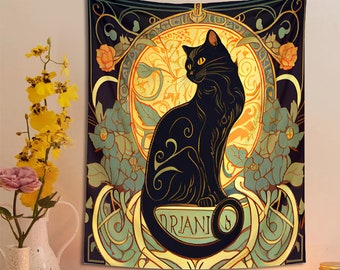 Flower Cat Wall Hanging Tapestry Aesthetic, Modern Wall Art Decoration,Bohemian Black Cat Decor, Best Home Decor Gift