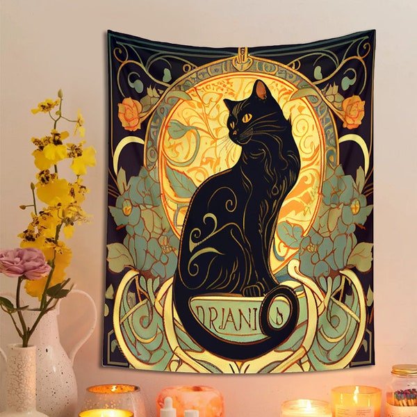 Flower Cat Wall Hanging Tapestry Aesthetic, Modern Wall Art Decoration,Bohemian Black Cat Decor, Best Home Decor Gift