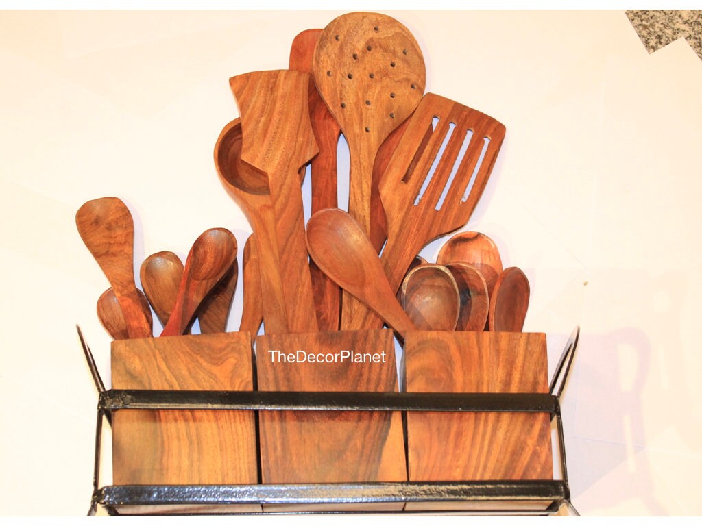 20 Pieces Wooden Kitchen Utensil Set Sheesham Wood Wooden Etsy