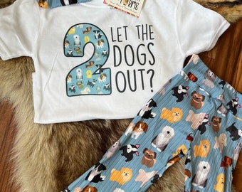 Two let the dogs out? Dog second birthday party theme Dog baby outfit, dog toddler outfit, custom dog kids clothes, cute dog baby clothes,