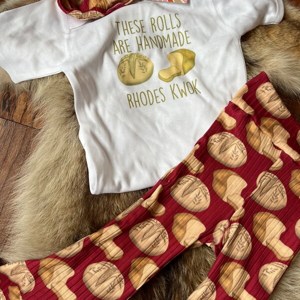 These rolls are homemade baby outfit, sourdough baby outfit, custom baby outfit, toddler bread set, homesteading baby outfit, funny baby set