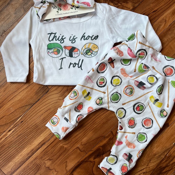 White sushi baby set with joggers and hat/ this is how I roll newborn clothing/ sushi addict/ sushi gifts/ sushi baby shower sushi gift