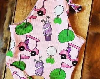 Pink golf themed Baby and Kid Overalls, short overalls, shortiealls, dress overalls, pant overalls. baby shower, golf baby shower