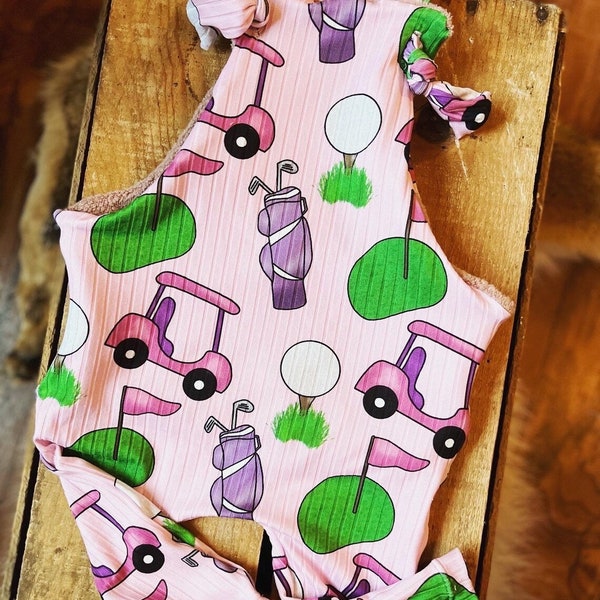 Pink golf themed Baby and Kid Overalls, short overalls, shortiealls, dress overalls, pant overalls. baby shower, golf baby shower