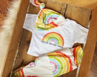 Rainbow baby set/ after every storm comes a rainbow/ newborn rainbow baby set/ rainbow baby pants/ rainbow baby hat girl rainbow baby set