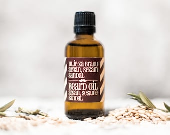 Aceite para barba con argán, sándalo indio y sésamo: acondicionador y cuidado para la barba, vegano, aceites prensados en frío, sin aditivos, elixir, 50 ml/1,7 oz.