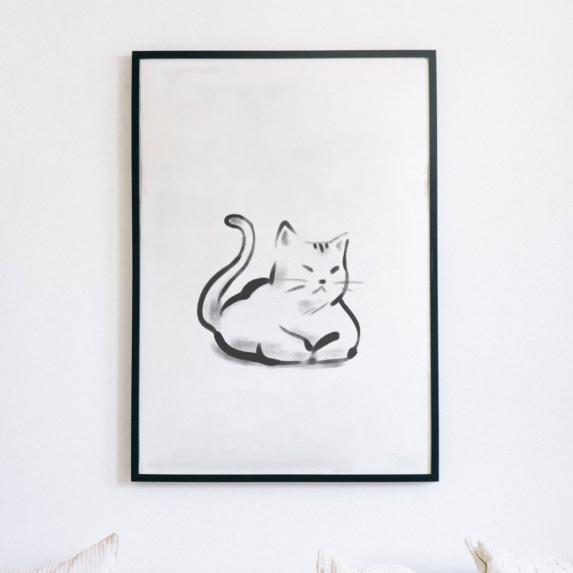 Cat Wall Art Printable Print Black and White Cat Line Art Etsy