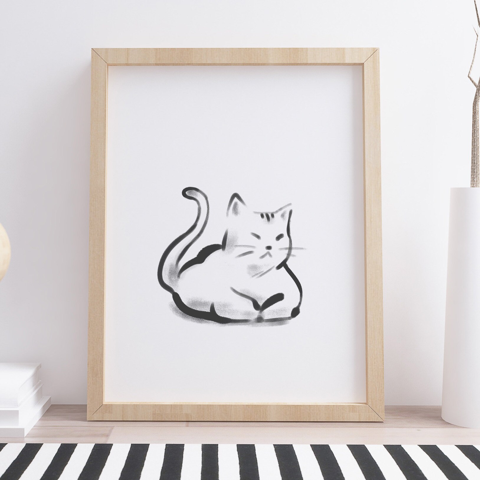 Cat Wall Art Printable Print Black and White Cat Line Art | Etsy
