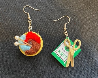 Knitting Earrings - How To Knit - Yarn Basket - How-To Manual and Scissors - Funky Earrings - Gift - Mismatched / Asymmetrical
