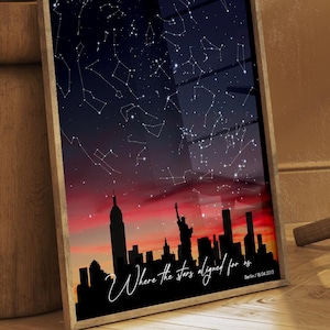 Carte des étoiles sur les toits de la ville de New York, impression personnalisée ciel nocturne, carte des étoiles personnalisée, carte de la constellation, cadeau de premier anniversaire, cadeau personnalisé