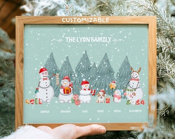 May include: A framed print with a winter scene featuring a family of snowmen in a snowy forest. The print is customizable with the family's name, "The Lyon Family", and individual names for each snowman. The snowmen are wearing hats and scarves, and some are holding gifts. The print is a light blue color with white snow falling.