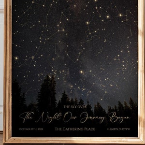 May include: A framed star map print featuring a dark night sky filled with constellations above a silhouette of pine trees. The text reads: THE SKY OVER The Night Our Journey Began, OCTOBER 19TH, 2024, THE GATHERING PLACE, 41.6608°N, 91.5393°W.