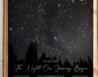 May include: A framed star map print featuring a dark night sky filled with constellations above a silhouette of pine trees. The text reads: THE SKY OVER The Night Our Journey Began OCTOBER 19TH 2024 THE GATHERING PLACE 41.6608°N, 91.5975°W.