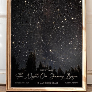 May include: A framed star map print featuring a dark night sky filled with constellations above a silhouette of pine trees. The text reads: THE SKY OVER The Night Our Journey Began, OCTOBER 19TH, 2024, THE GATHERING PLACE, 41.6608°N, 91.5979°W.