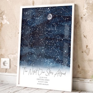 May include: A framed vertical star map print featuring a dark blue night sky with white constellations and a moon. The text reads: The Night Our Stars Aligned, The sky over Dayton, Ohio, August 5, 2006, 39.7589° N, 84.1916° W in black lettering.