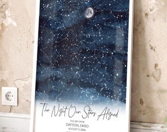May include: A framed vertical star map print featuring a dark blue night sky with white constellations and a moon. The text reads: The Night Our Stars Aligned, The sky over Dayton, Ohio, August 5, 2006, 39.7589° N, 84.1916° W in black lettering.