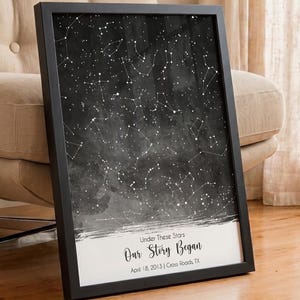May include: A framed vertical print featuring a dark gray and black watercolor-style night sky filled with white star constellations. At the bottom, white text reads: Under These Stars, Our Story Began, April 18, 2013, Cross Roads, TX.