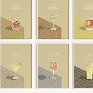 Cocktail Art Cocktail Poster Set of 6 Aperol Spritz Espresso Martini Negroni Margarita Mojito Old Fashioned Retro Prints Digital Download