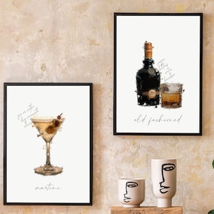 Cocktail Poster, Set of 2 Cocktail Gallery Wall, Old fashioned print, Martini poster, Cocktail Art, Cocktails Recipe Print, Cocktail Gift