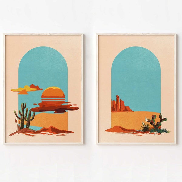 Impresión del desierto, impresión de cactus, arte boho, conjunto de impresión de 2, arte de pared decorativo, sol y luna, arte de pared ecléctico, arte moderno de mediados de siglo