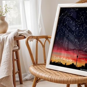 Carte des étoiles sur les toits de la ville de Berlin, impression personnalisée ciel nocturne, carte des étoiles personnalisée, carte de la constellation, cadeau de premier anniversaire, impression de Berlin