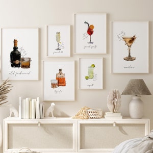 Cocktail Poster, Set of 6 Cocktail Gallery Wall, Cocktail Art, Cocktails Recipe Print, Drink Bar Poster, Cocktail Gift, Mixology Wall Art