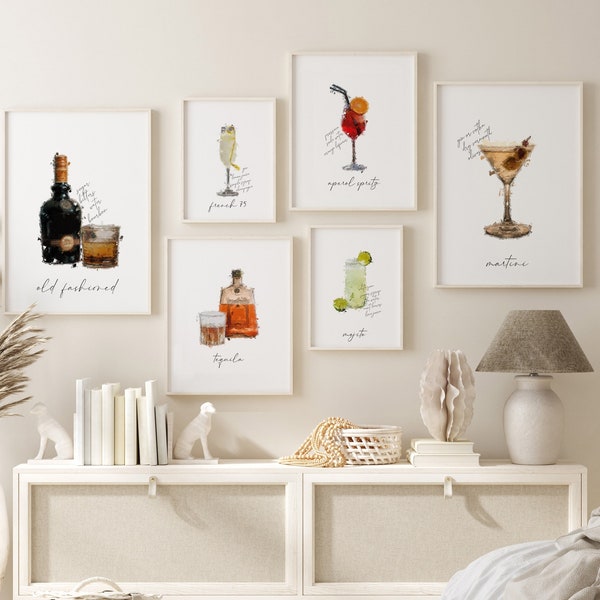 Affiche de cocktail, ensemble de 6 murs de galerie de cocktails, art de cocktail, impression de recette de cocktails, affiche de bar à boissons, cadeau de cocktail, cocktail comment faire