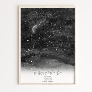 Impression encadrée de carte des étoiles : cadeau personnalisé pour 1er anniversaire de mariage | Illustration de carte de la constellation personnalisée - Impression de ciel nocturne