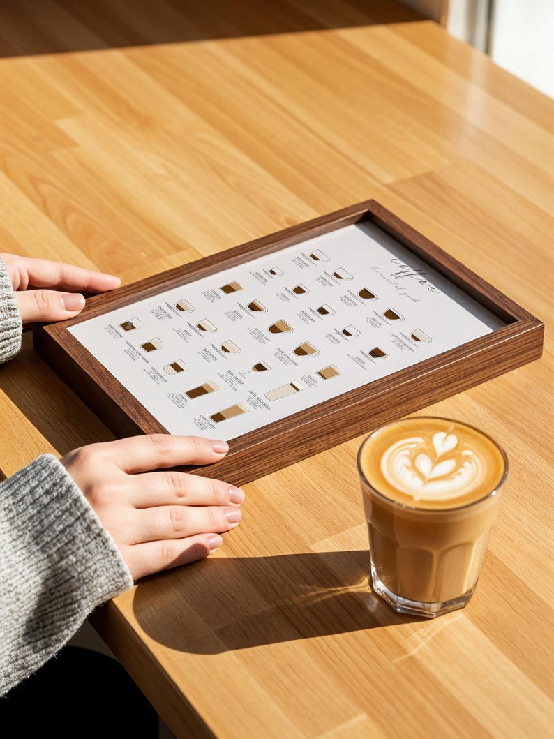 May include: A framed coffee guide with various coffee drink illustrations, held on a wooden table. The guide features a variety of coffee types. A glass of latte art coffee sits on the table, next to the frame.