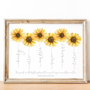 May include: A framed print with a quote about friendship, "True friends are like bright sunflowers that never fade away no matter distance and time." The quote is attributed to Marie Williams Johnstone. The print features a row of six yellow sunflowers with black stems and the names "Becky", "Elle", "Andrea", "Renee", "Roxanne", and "Leslie" written underneath each sunflower.