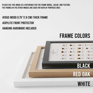 May include: A stack of three picture frames in black, red oak, and white. The frames are made of ayous wood and have an acrylic front protector. The image includes text that says "Frame Colors" and "Coffee".
