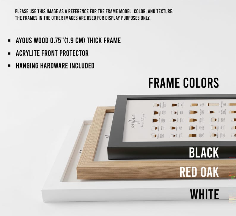 May include: A stack of three picture frames in black, red oak, and white. The frames are made of ayous wood and have an acrylic front protector. The image includes text that says "Frame Colors" and "Coffee".