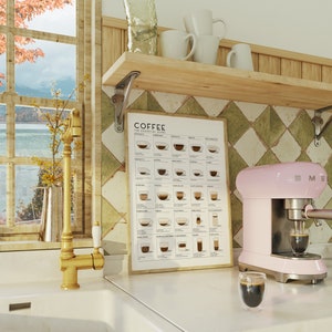 Op de afbeelding: Een roze espressomachine met een glas espresso ervoor. Een poster met de tekst "Coffee: The Essential Guide" hangt aan de muur achter de machine. De poster toont verschillende soorten koffie met illustraties van de dranken in kopjes.