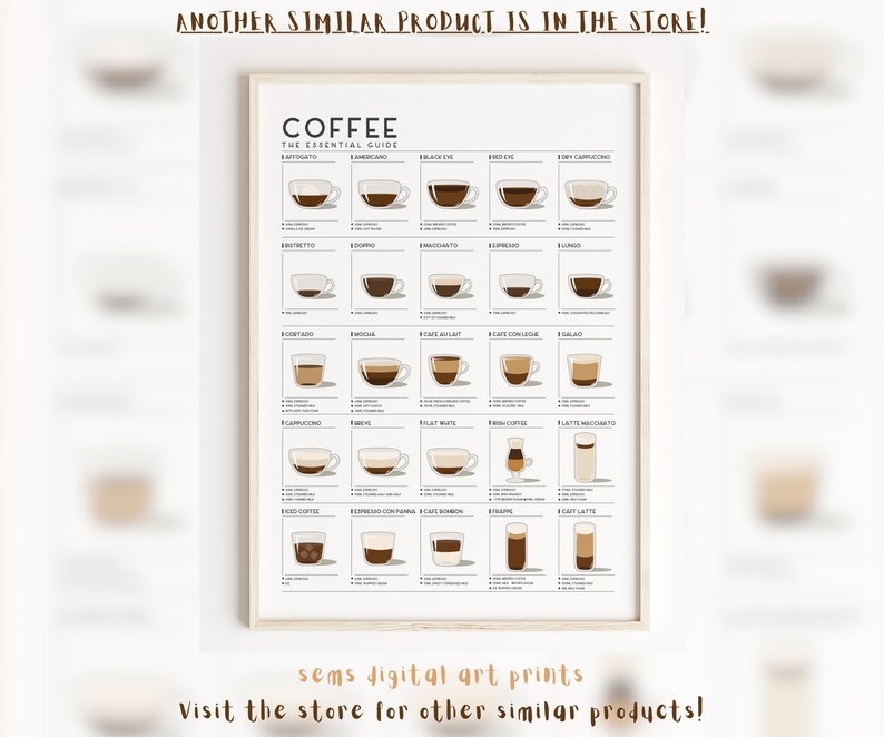 May include: A framed print titled "COFFEE THE ESSENTIAL GUIDE" displays illustrations of various coffee drinks, including espresso, cappuccino, and latte. The print has a white border and includes the text "ANOTHER SIMILAR PRODUCT IS IN THE STORE!" and "sems digital art prints".