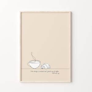 Impressão de café, impressão artística de café e croissant, impressão artística de café, pôster de culinária francesa, desenho de linha de café, impressão de café da manhã, impressão de cozinha
