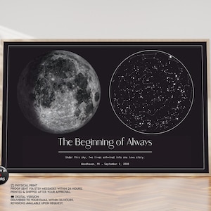 Impression personnalisée de carte des étoiles de fiançailles avec phases de lune - cadeau ciel nocturne romantique