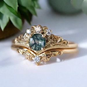 Vintage Moss Agate Engagement Ring Set: Sterling Silver Twig Leaf Moissanite Bridal Ring