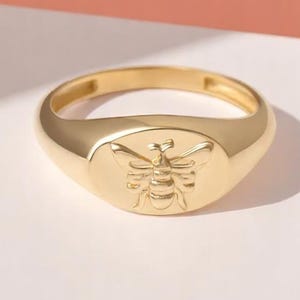 Gold Bee Signet Ring: Sterling Silver Pinky Ring, Nature Jewelry